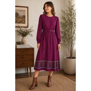 Vintage MALOUF Multicolor Prairie Boho Dress with Belt Tall Size 12